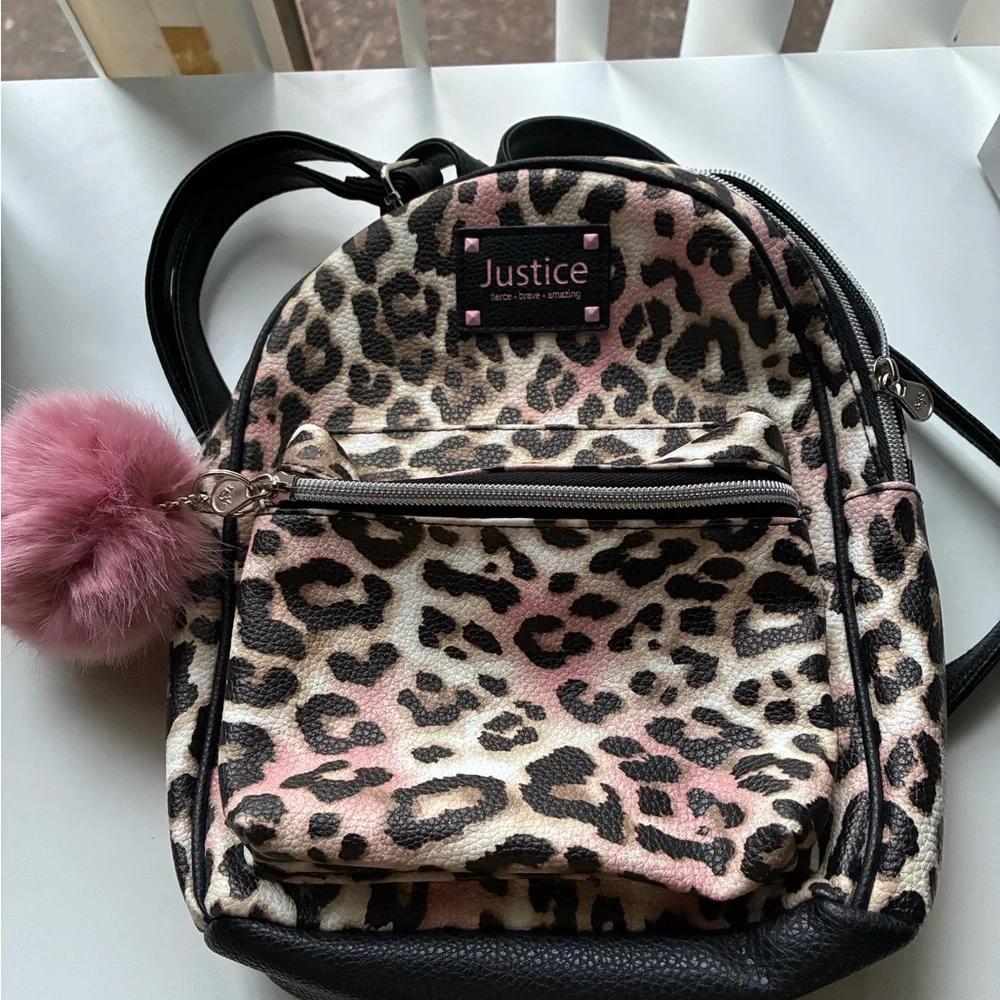 Justice Pink/Black/White Animal Print w/Pom Pom Backpack Faux Fur